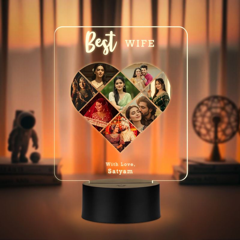 Personalized Collage Photo Frame Led Night Lamp With Warm White Light Gift For Anniversary, Birthday, Valentines Day Memorable Gift Lamp (Best Wife)